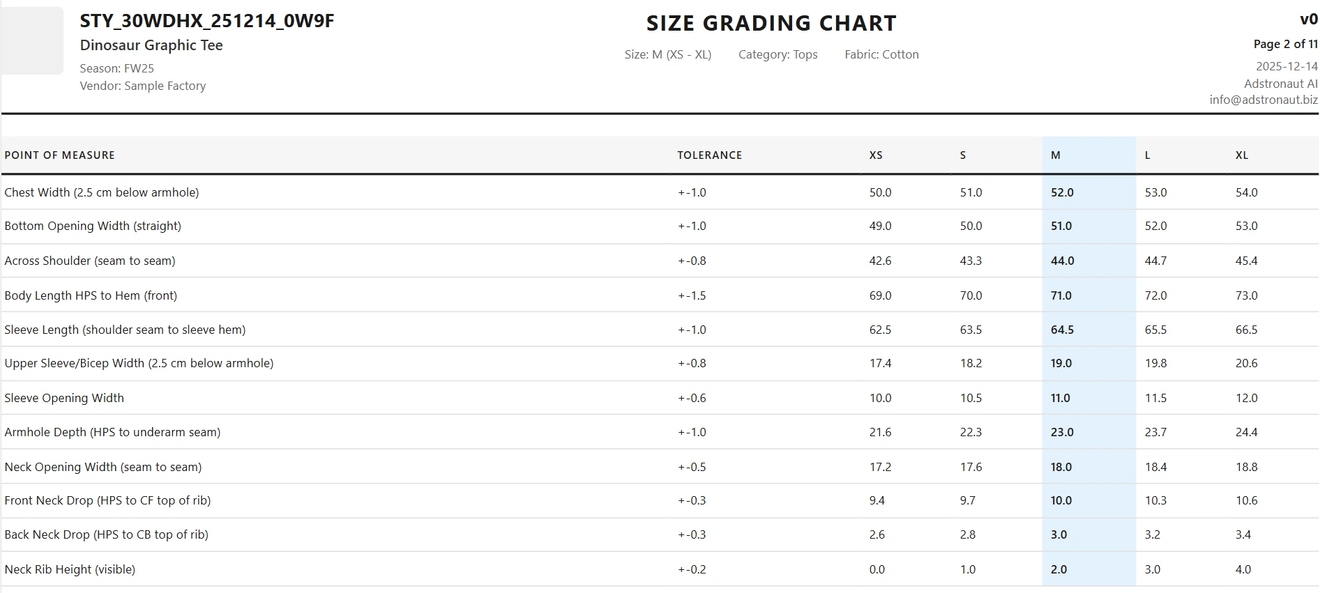T-shirt size table example