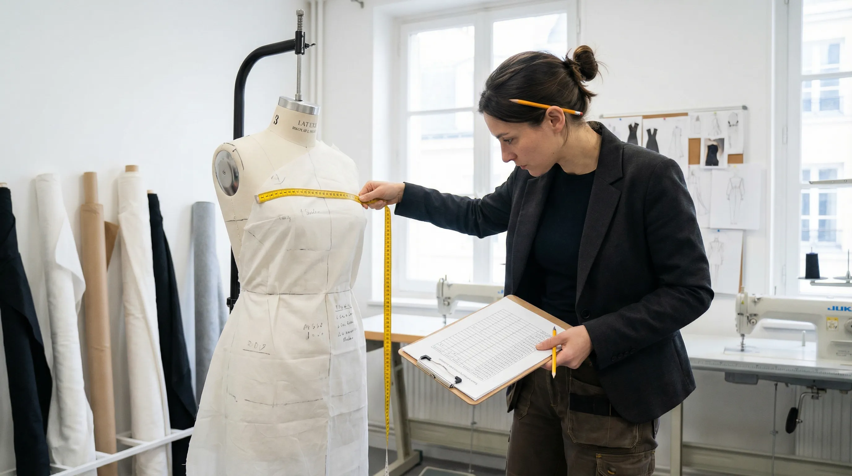 Technical fashion designer measuring a garment on an adjustable dress form while recording data on a spec sheet clipboard