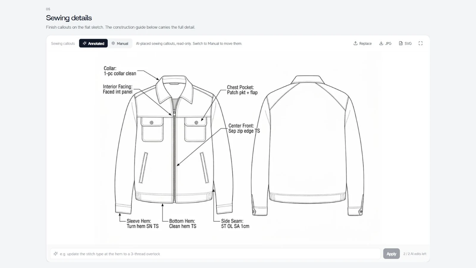 Actual sewing-detail view with callouts for the overshirt collar, pockets, zipper, hems and side seam