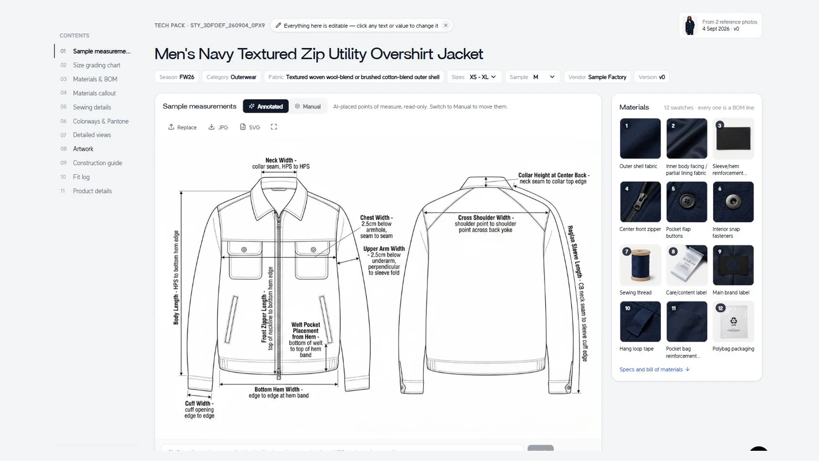 The Adstronaut AI tech pack editor with an overshirt's annotated front and back flats and twelve material swatches