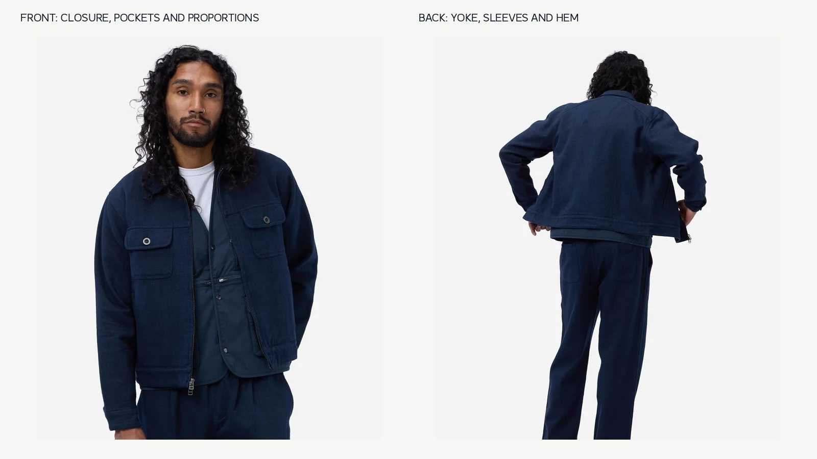 Front and back reference photos of the same navy zip-front utility overshirt