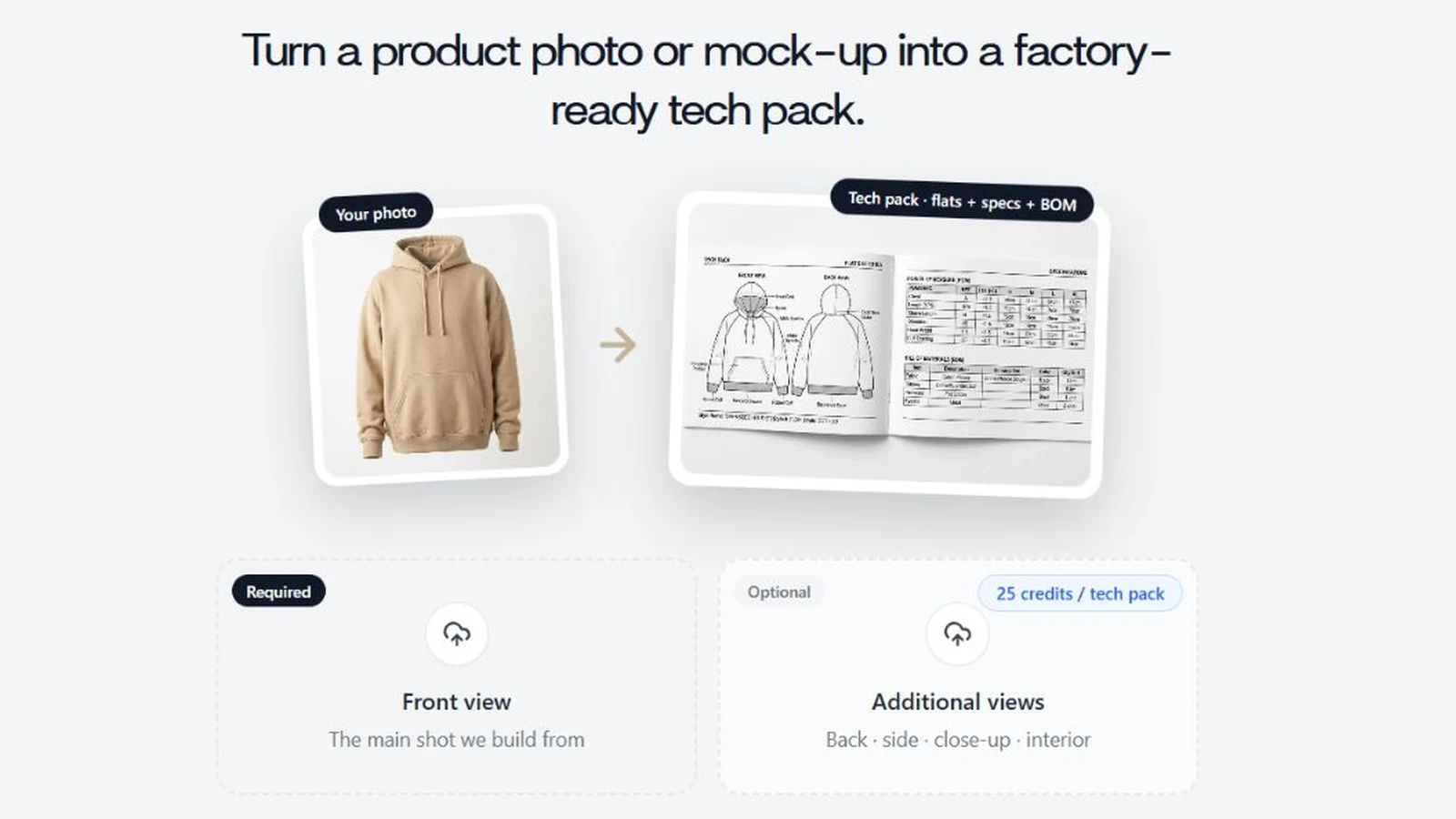 Adstronaut's new-tech-pack screen with the required front-view and optional additional-views upload controls