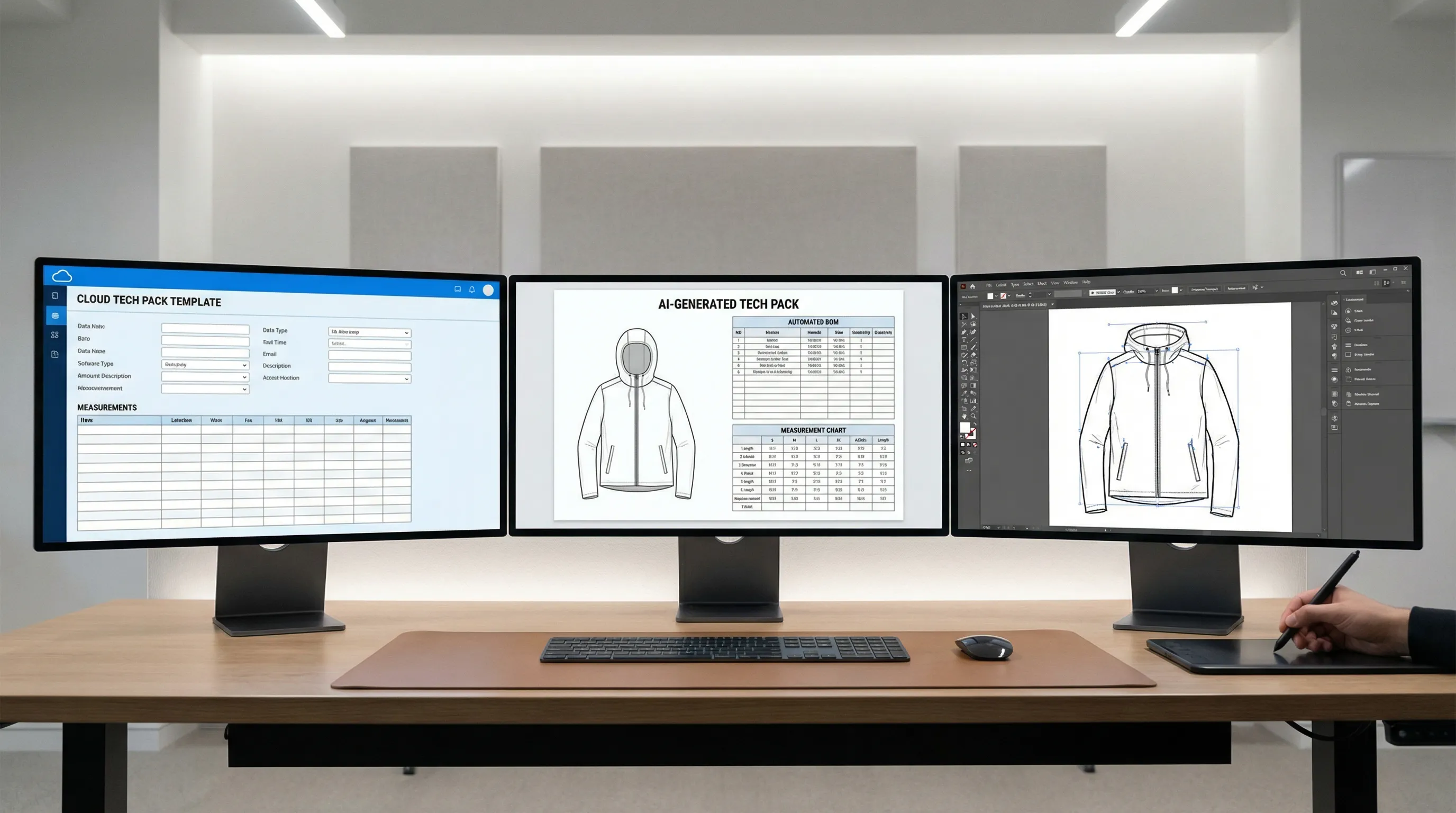 Three computer monitors showing different tech pack creation tools: template software, AI-generated tech pack, and Adobe Illustrator