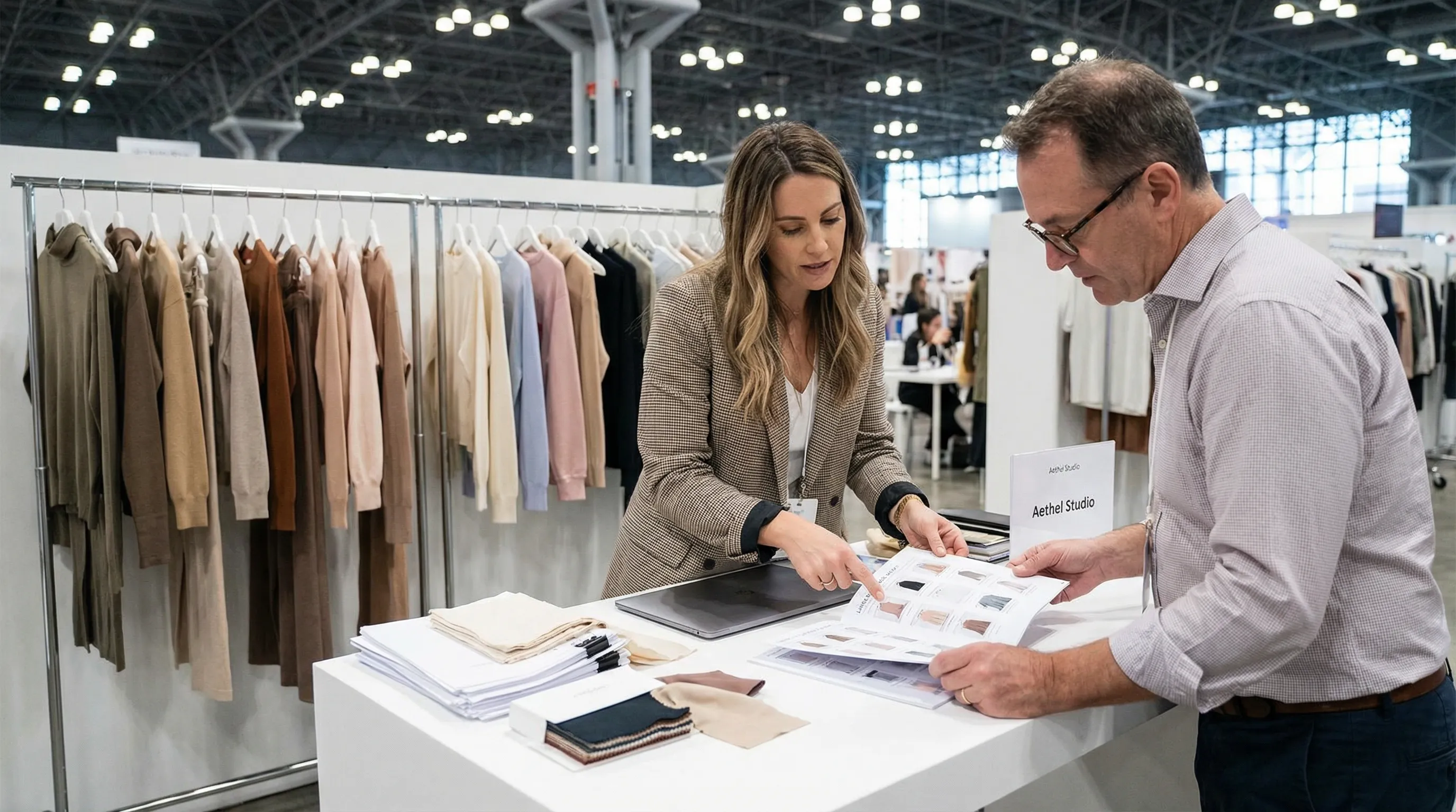 Fashion brand owner presenting a line sheet to a retail buyer at a trade show booth with garment samples on display