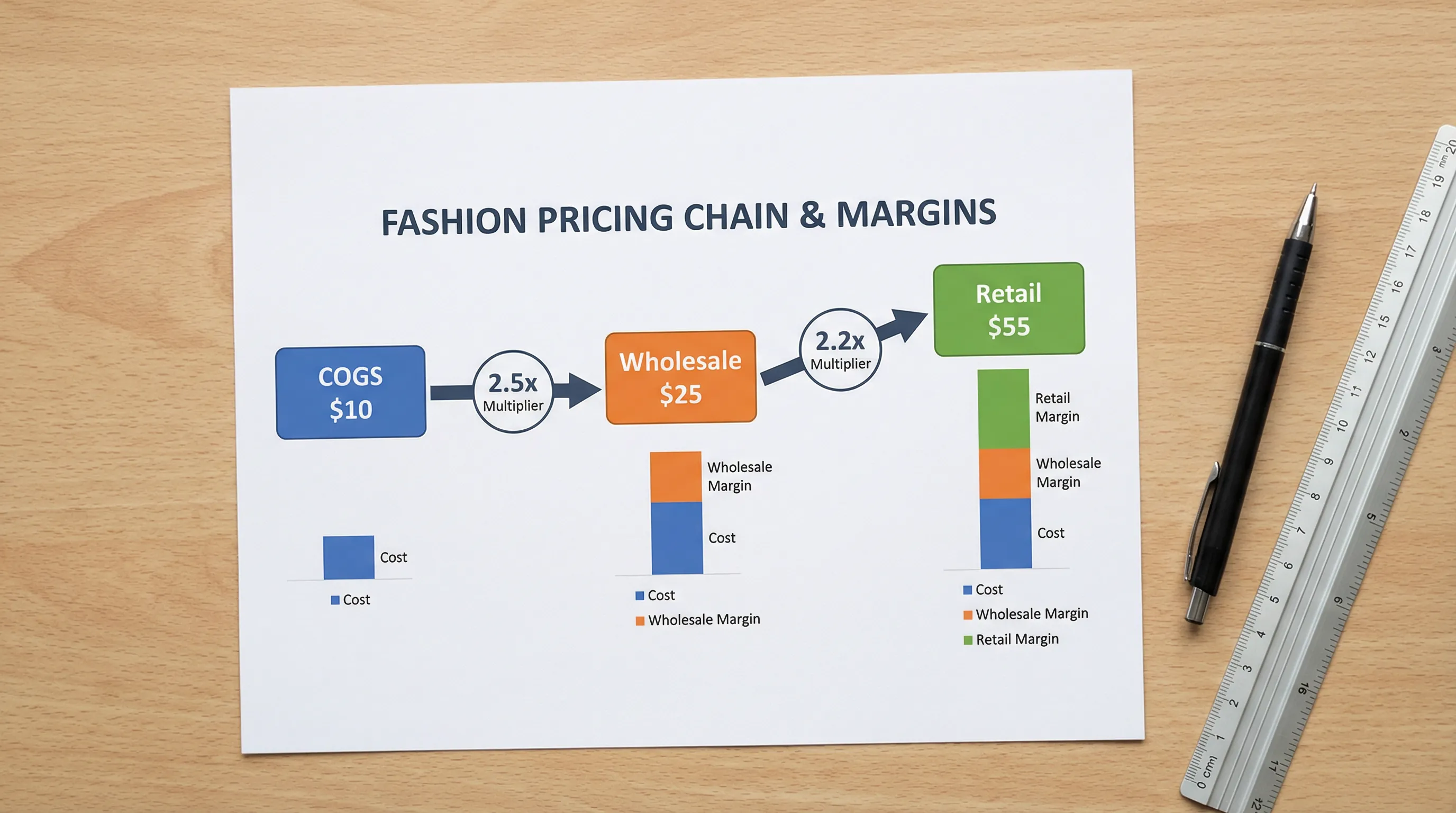 Visual diagram showing the clothing pricing chain from COGS to wholesale price to retail price with markup multipliers